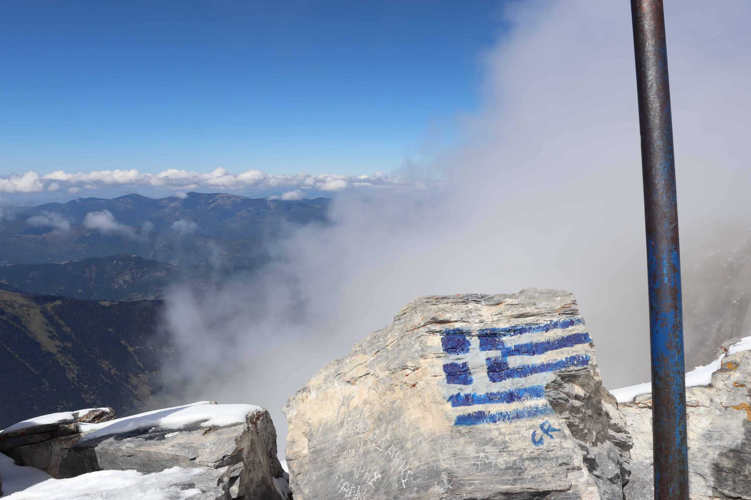 Snow rests atop the highest point of Greece.